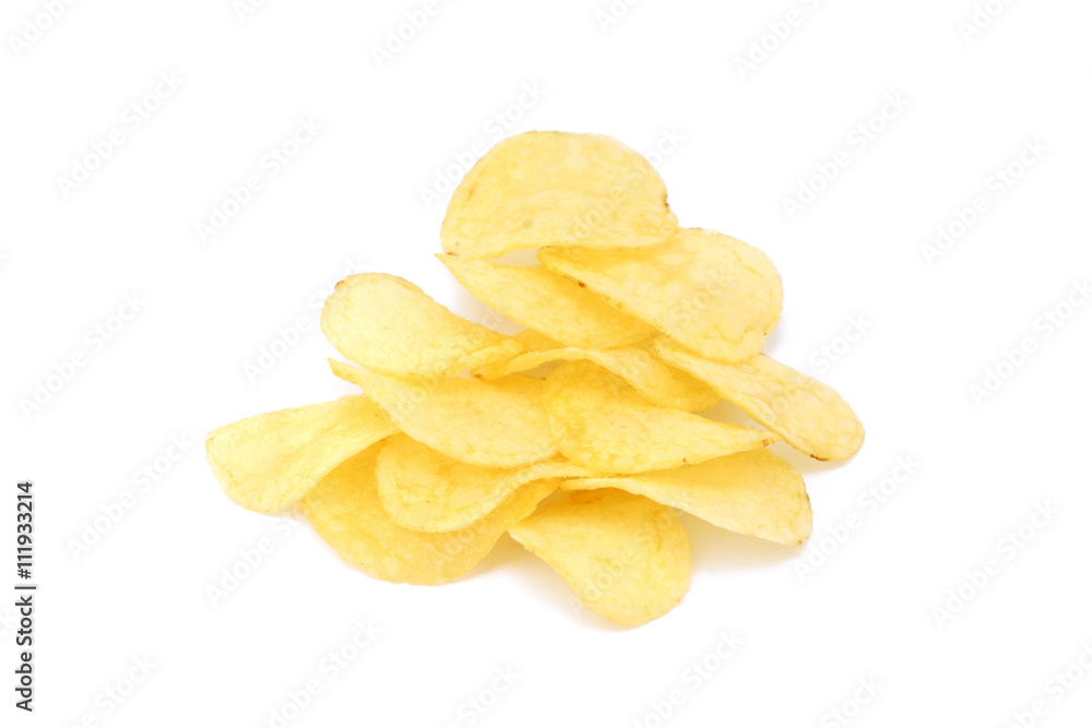 Fried salted potato chips isolated on white background Fried salted potato chips isolated on white background