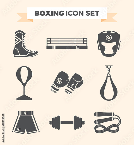 Set of boxing equipment vector monochrome design elements isolated on beige background. Vector Illustration