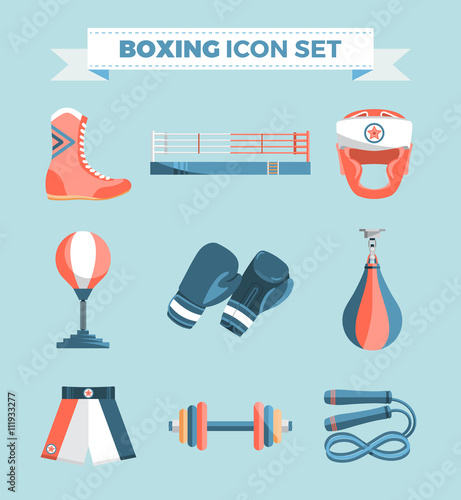Set of boxing equipment vector colorful design elements isolated on blue background. Vector Illustration
