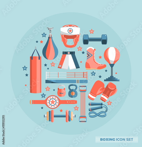 Set of boxing equipment vector colorful design elements isolated on blue background. Vector Illustration
