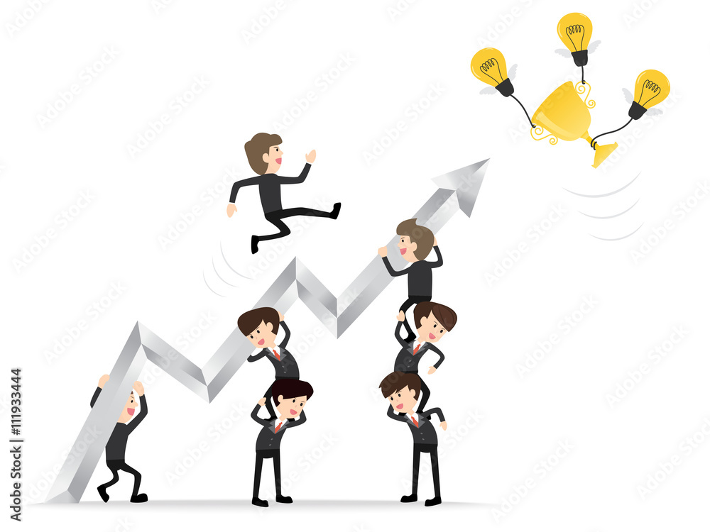 teamwork businessman raise graph arrow with leader reaching up to get golden trophy on white background, concept of goal,achievement,award,success,teamwork teamwork businessman raise graph arrow with leader reaching up to get golden trophy on white background, concept of goal,achievement,award,success,teamwork