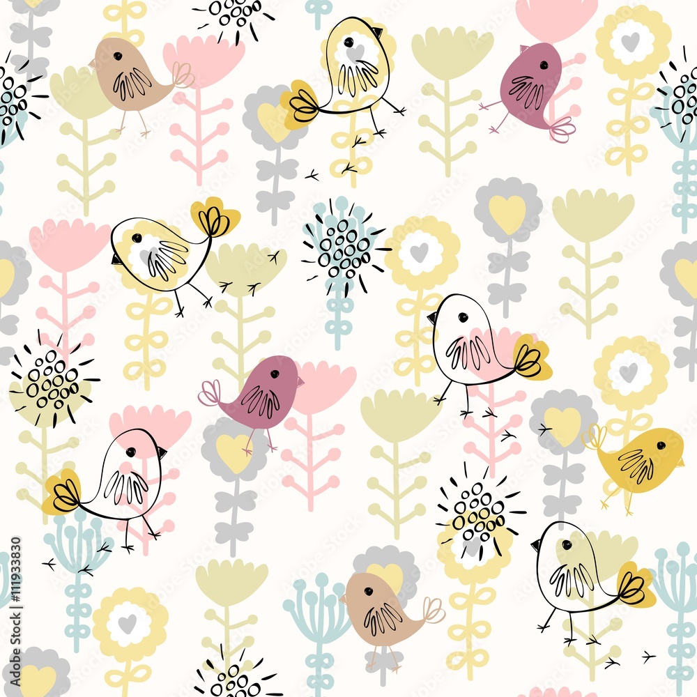 Fototapeta premium Cute seamless pattern with birds and flowers. Spring vector background.
