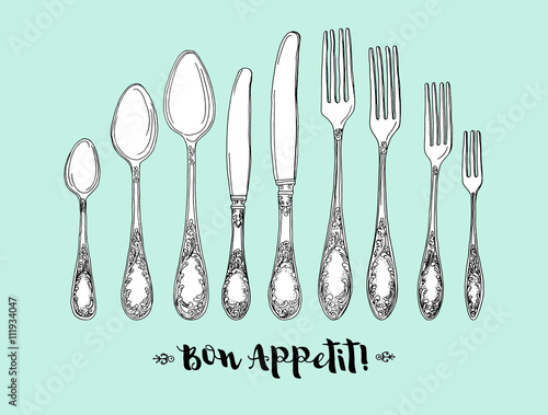 Hand drawn vector illustration of curly ornamental silver tableware, cutlery on mint background. Vector Illustration