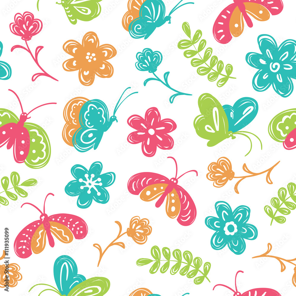 Children's doodle style vector seamless pattern with cute buterf - obrazy, fototapety, plakaty 