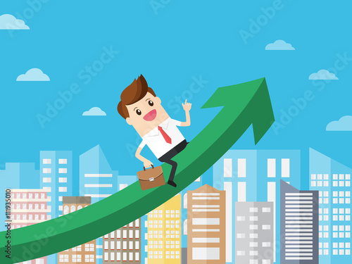 confident businessman hold briefcase riding growth arrow graph in cityscape background. with copy space