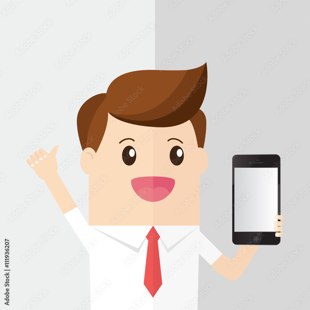 businessman thumb up and hold smart phone with copy space screen