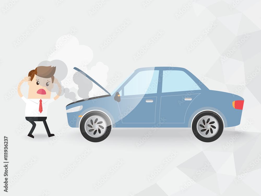 businessman shocked car broke down with smoke. insurance, car rent, loan, advertisement, repair. copy space businessman shocked car broke down with smoke. insurance, car rent, loan, advertisement, repair. copy space