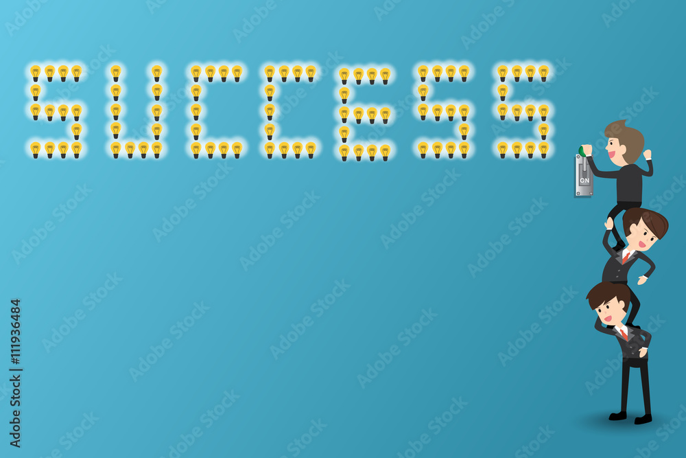 businessman standing on colleague's shoulder to turn on the light, concept of business success with copy space businessman standing on colleague's shoulder to turn on the light, concept of business success with copy space