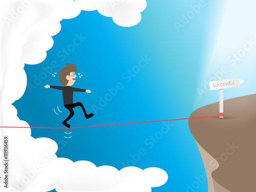 businessman overcome fears walking on risk rope in sky go to successful target