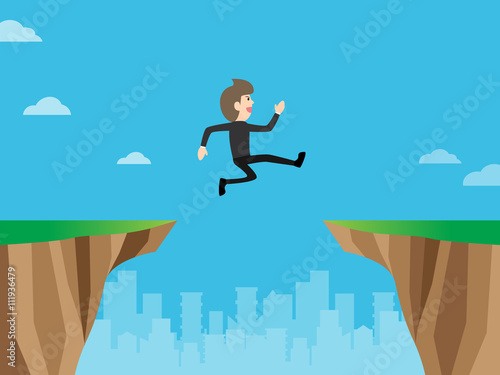 businessman overcome fears jump over gap cliff