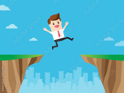 businessman overcome fears jump over gap cliff flat design