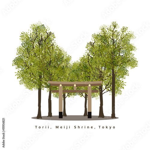 torii meiji shrine gate, tokyo, japan, travel flat icon, vector