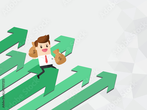 businessman carrying sack of money riding growth arrow graph. copy space