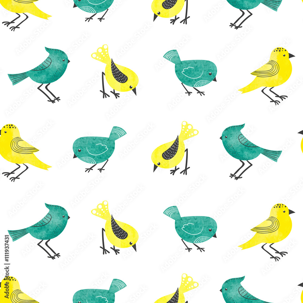 Obraz Cute watercolor birds seamless pattern. Vector background with cartoon birds isolated on white.