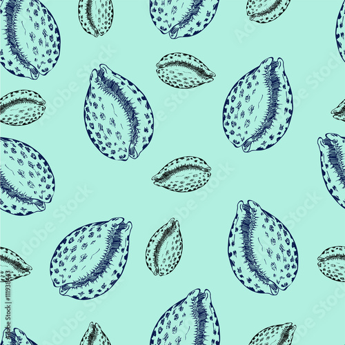 Seamless pattern with seashells on pastel color background. Hand drawn vector illustration.