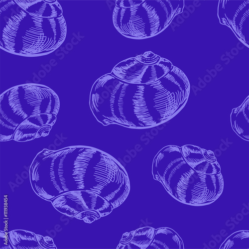 Seamless pattern with seashells on pastel color background. Hand drawn vector illustration.