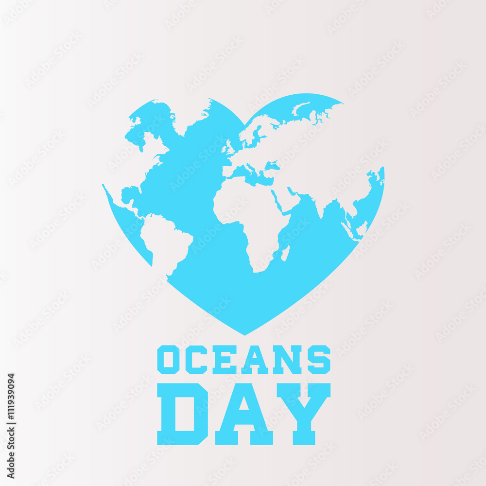 Oceans Day. World map in heart. Vector illustration.