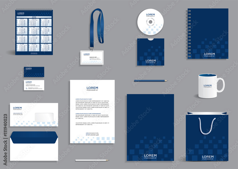 Business stationery set template, corporate identity design mock-up, stationery  set with blue geometric pattern with squares, vector illustration Stock  Vector | Adobe Stock
