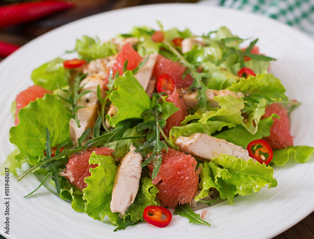 Fresh chicken salad, grapefruit, lettuce and honey mustard dressing. Dietary menu. Proper nutrition. Fresh chicken salad, grapefruit, lettuce and honey mustard dressing. Dietary menu. Proper nutrition.