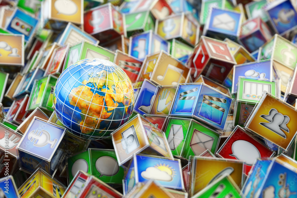 Online store market with mobile applications, computer software and multimedia technology concept, Earth globe on heap of multicolored boxes with app icons