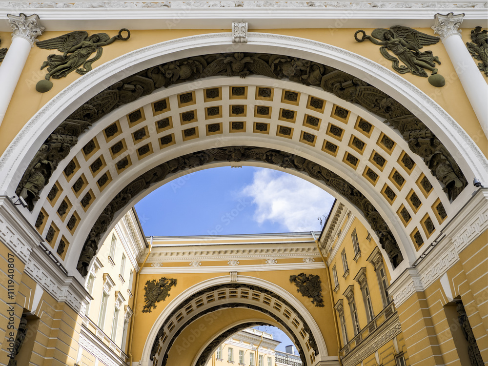 Detail view of the General Staff arch and building. Saint-Petersburg, Russia