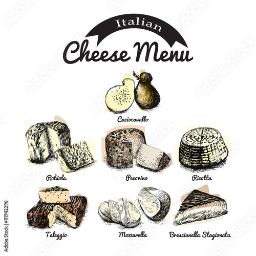 Vector illustrated Set #1 of Italian Cheese Menu. Illustrative sorts of cheese from Italy