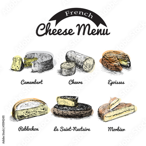 Vector illustrated Set #1 of French Cheese Menu. Illustrative sorts of cheese from France.