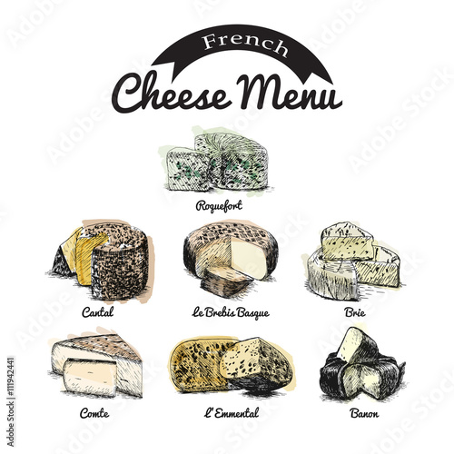 Vector illustrated Set #2 of French Cheese Menu. Illustrative sorts of cheese from France.