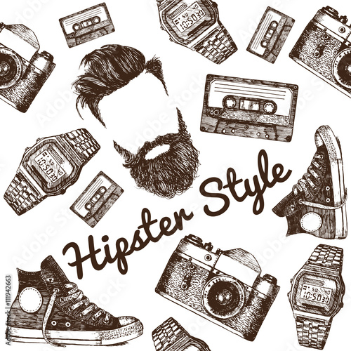 Vector Hipster Style Set #1. Hipster accessories in retro sepia style on white background. Seamless pattern.background. Seamless pattern.