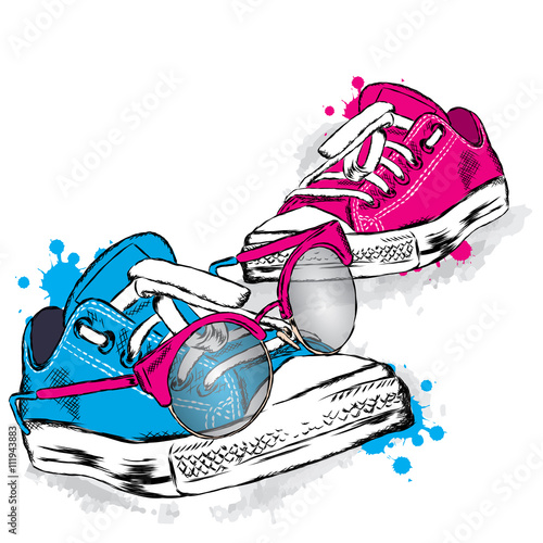 Hipster sneakers with glasses vector. Print on a postcard, poster or clothing. Vector .