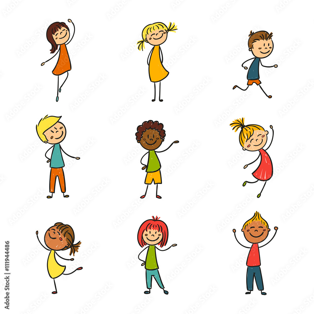 Vector Illustration of Hand Drawn Happy Little Children Vector Illustration of Hand Drawn Happy Little Children