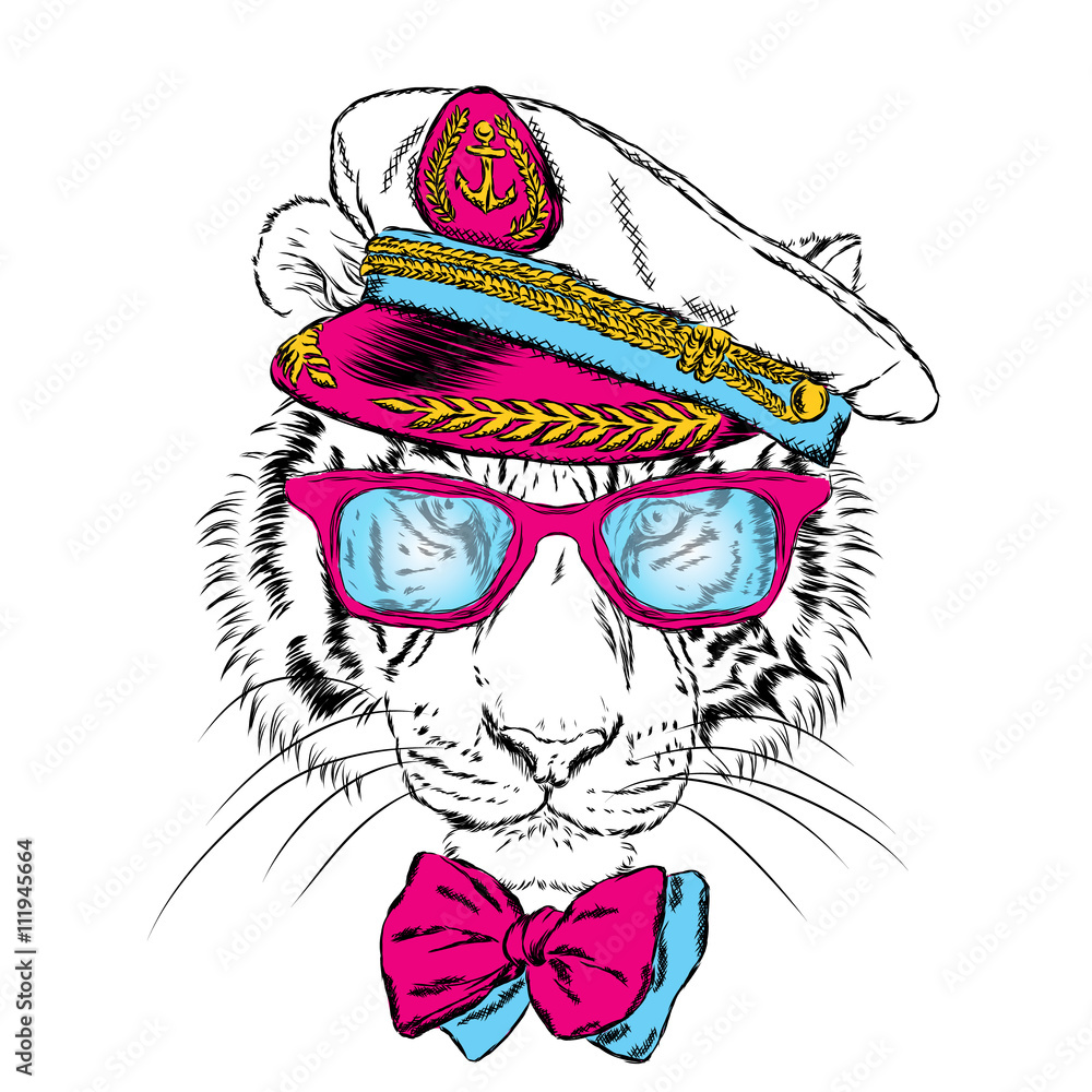 Tiger in the captain's cap. Cute tiger. Vector .