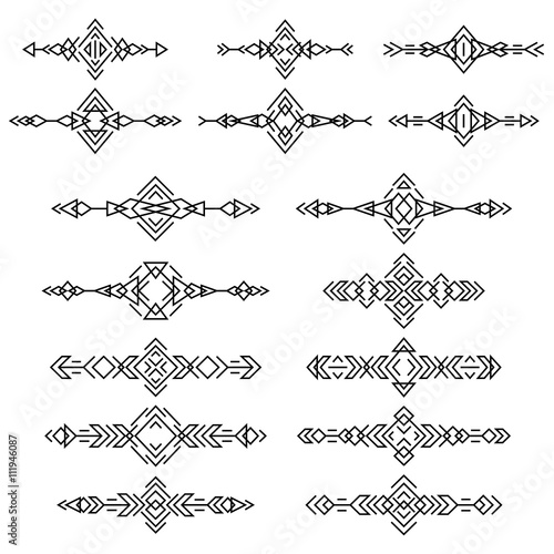 Ethnic borders set isolated on white background. Collection of boho tribal elements. Line style art. Vector illustration.