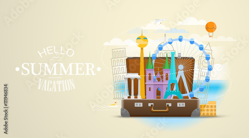 Vacation travelling concept. Vector travel illustration with dif