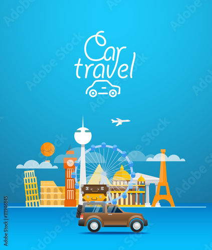 Vacation travelling concept. Vector travel illustration with dif
