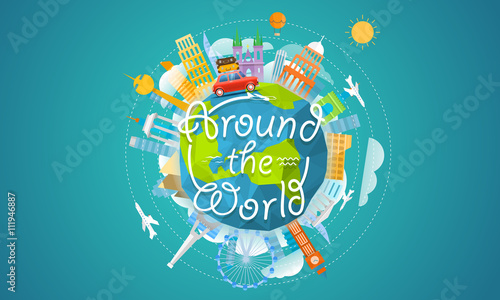 Vacation travelling concept. Vector travel illustration with dif