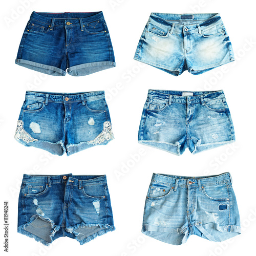 collection of different jeans shorts on a white background. front view.