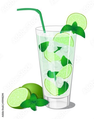 Cocktail Mojito with lime and mint in the highball on a white background