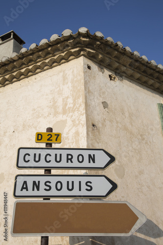 Road Sign to Cucuron and Ansouis from Lourmarin, Provence