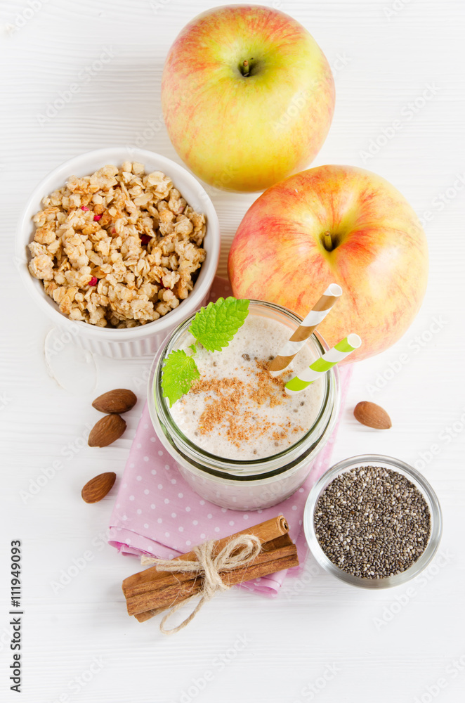 Milkshake chia seeds, oat flakes, top view Milkshake chia seeds, oat flakes, top view