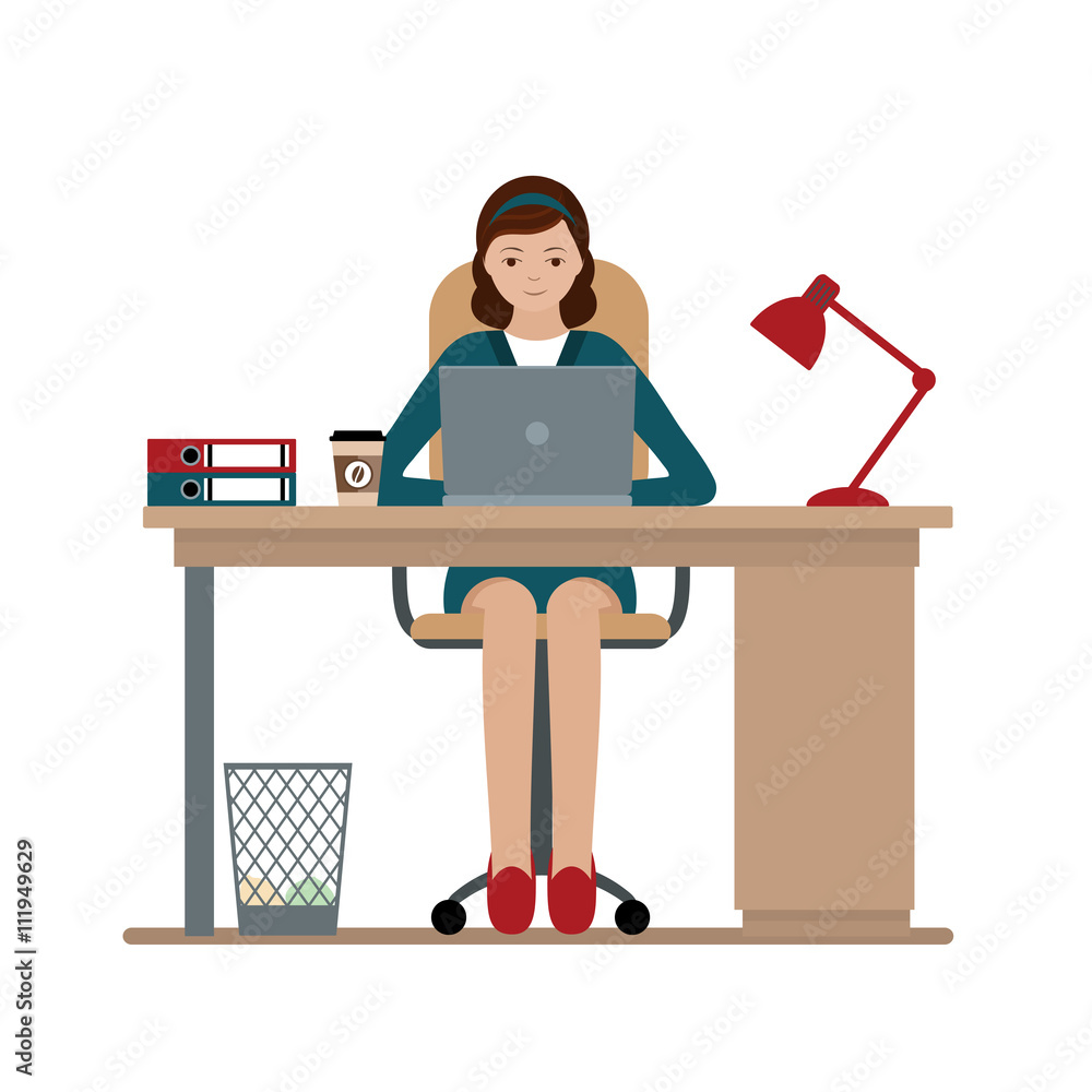 Business woman or a clerk working at her office desk. Flat style modern vector illustration.
Business woman or a clerk working at her office desk. Flat style modern vector illustration.