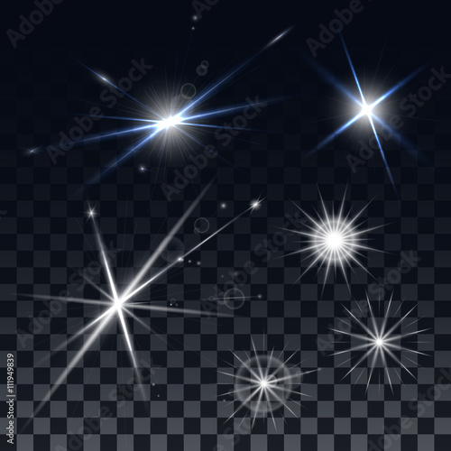 Set of vector stars on a black background. The effect of the explosion and the lights, reflections and glare. Design elements for the design of banners, Christmas cards, flyers.
