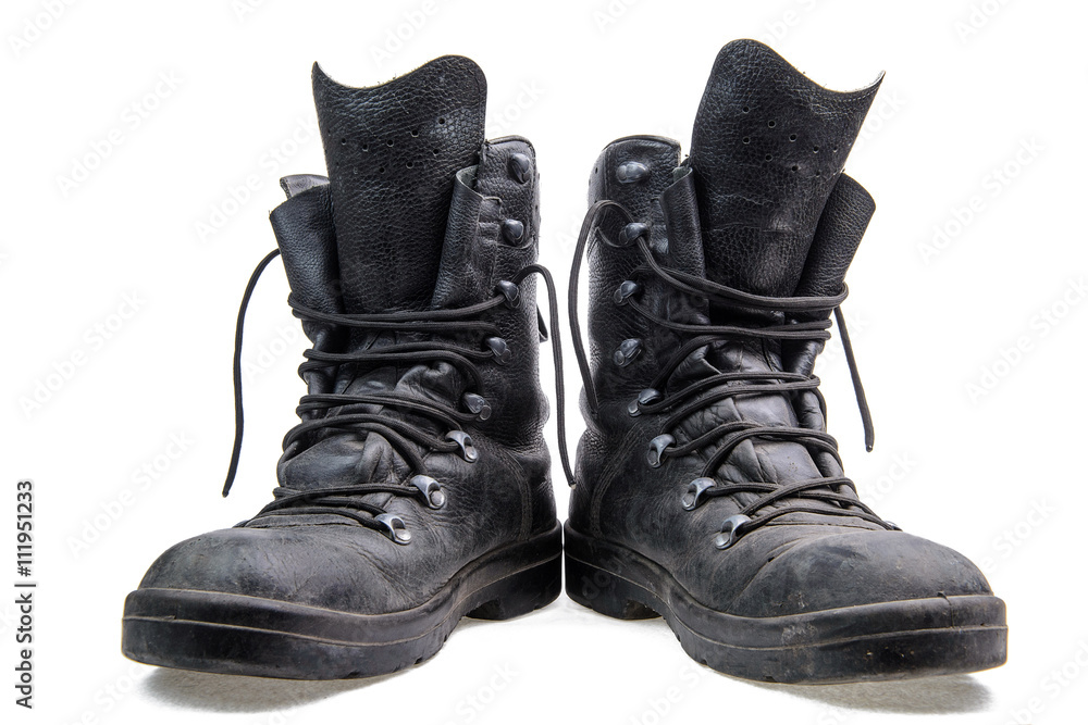 At first Taxpayer hardware Pair of military boots/Pair of old army boots with untied laces on a white  background Stock Photo | Adobe Stock