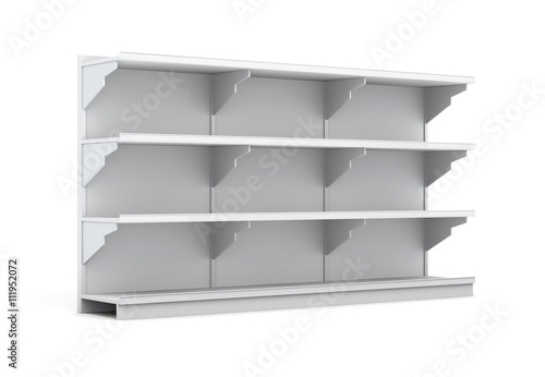 Display rack with shelves for supermarket isolated on white background. Empty shelves. 3d rendering