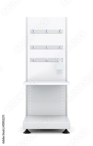 Stand with shelves and hooks for goods isolated on a white background. Front view. 3d rendering.