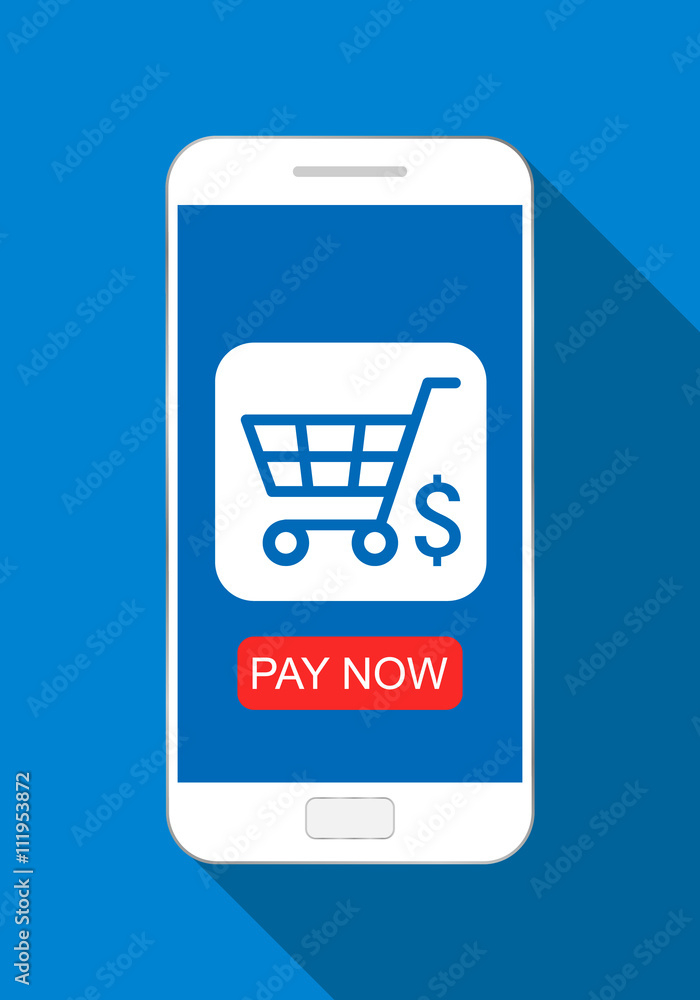 Phone with shopping basket symbol, online shopping, e-commerce flat design concept Phone with shopping basket symbol, online shopping, e-commerce flat design concept