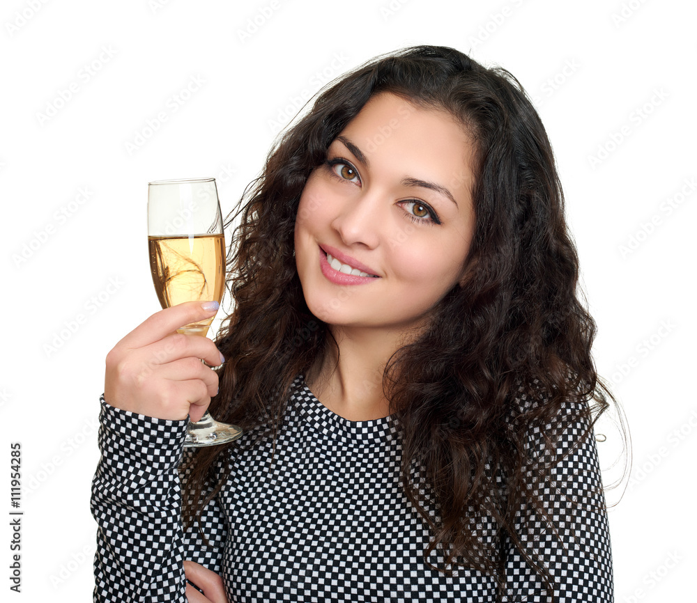 girl with champagne glass beauty portrait, black and white checkered dress, long curly hair, glamour concept, isolated on white background girl with champagne glass beauty portrait, black and white checkered dress, long curly hair, glamour concept, isolated on white background