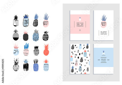 Collection of cute pineapples with templates of cards and poster