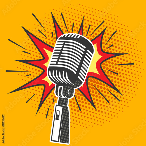 Poster with old microphone in pop art style. Design element in v