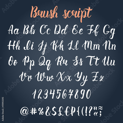 White handdrawn latin calligraphy brush script with numbers and symbols. Calligraphic alphabet. Vector
